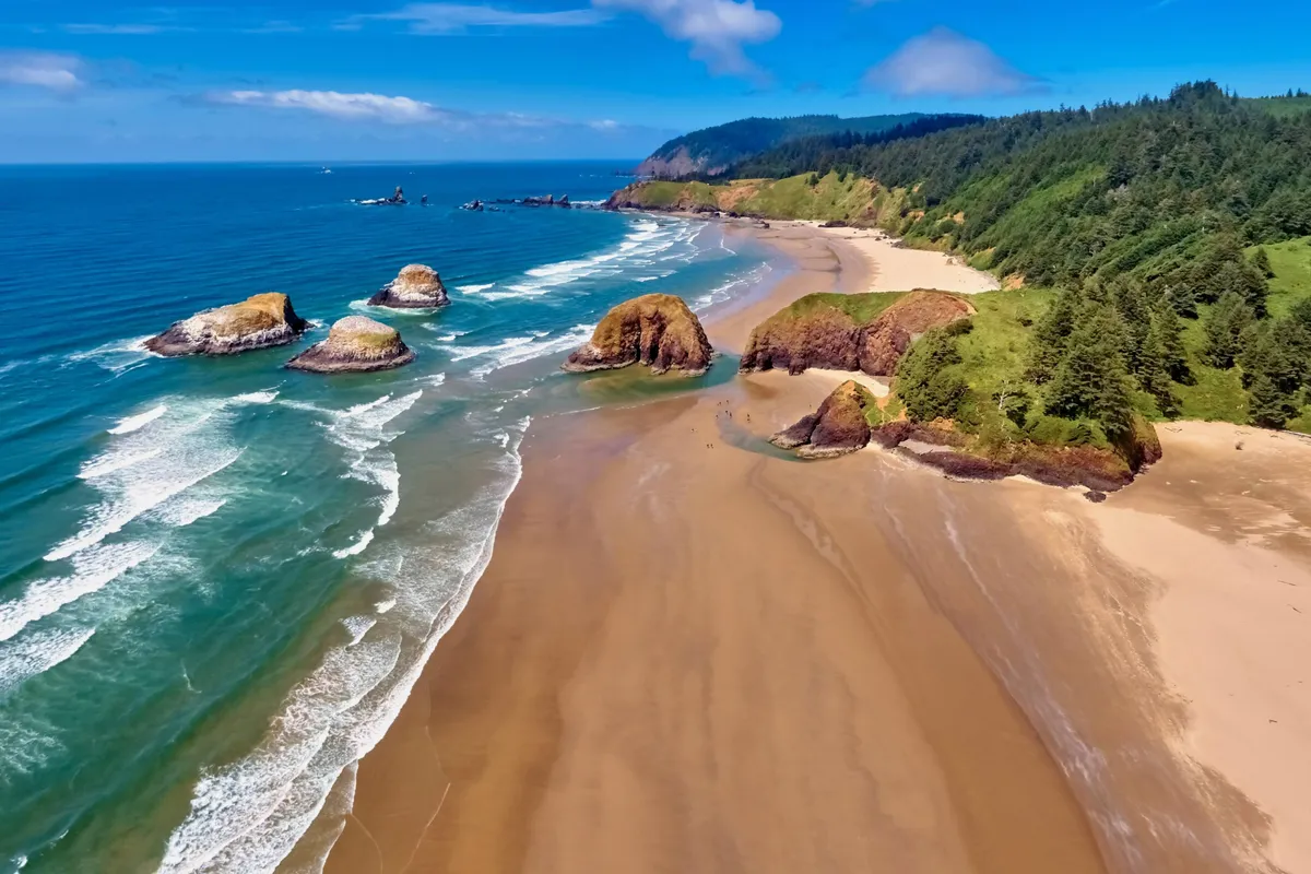 A sweeping vista of the northern Oregon Coast, featuring rocky outcrops, a sandy beach, and rolling green hills beside the blue ocean. The image evokes a sense of adventure, showcasing the natural beauty and recreational opportunities nearby—from hiking and beachcombing to photographing scenic sunsets.